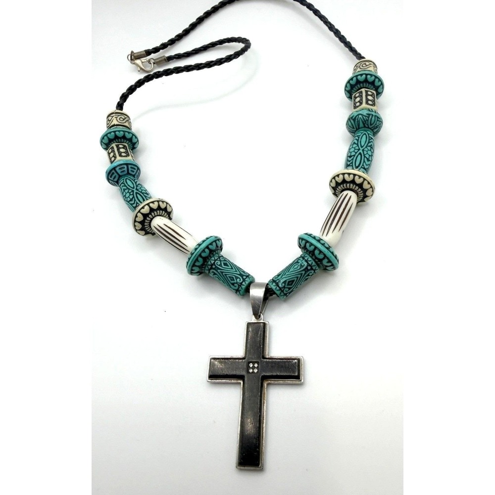 Cross Bead Necklace Rhinestone Accent 24" Unisex